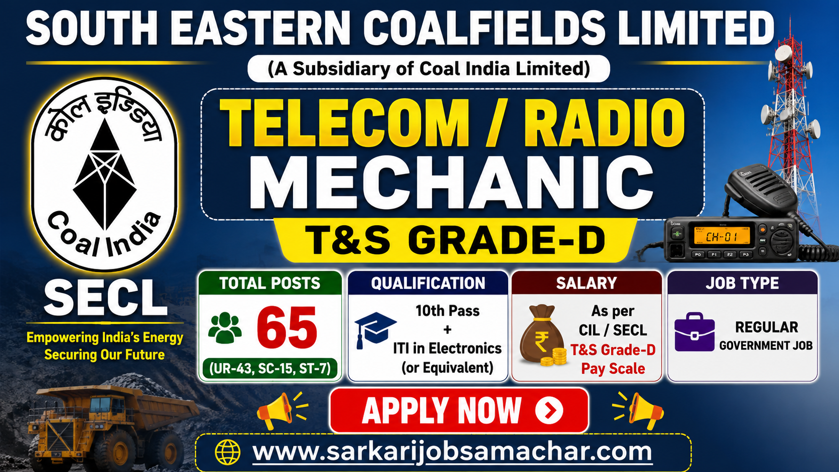 SECL Tele-com./Radio Mechanic T&S Recruitment 2026 - Apply Online for 65 Posts
